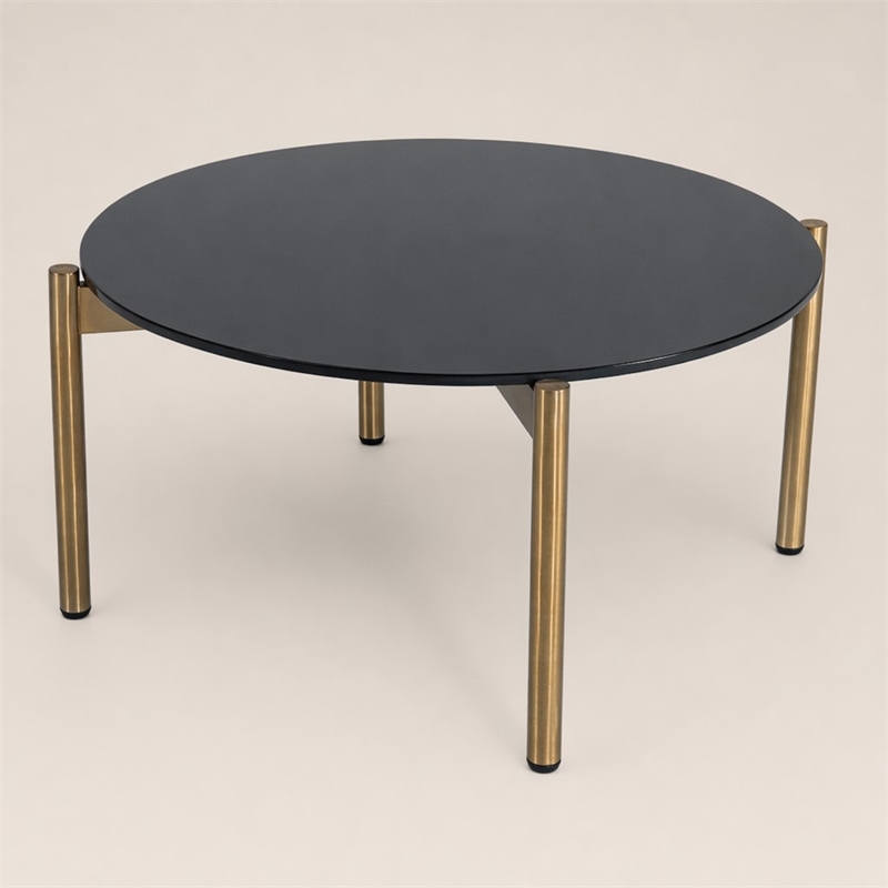 Pemberly Row Round Metal and Marble Coffee Table in Black and Gold