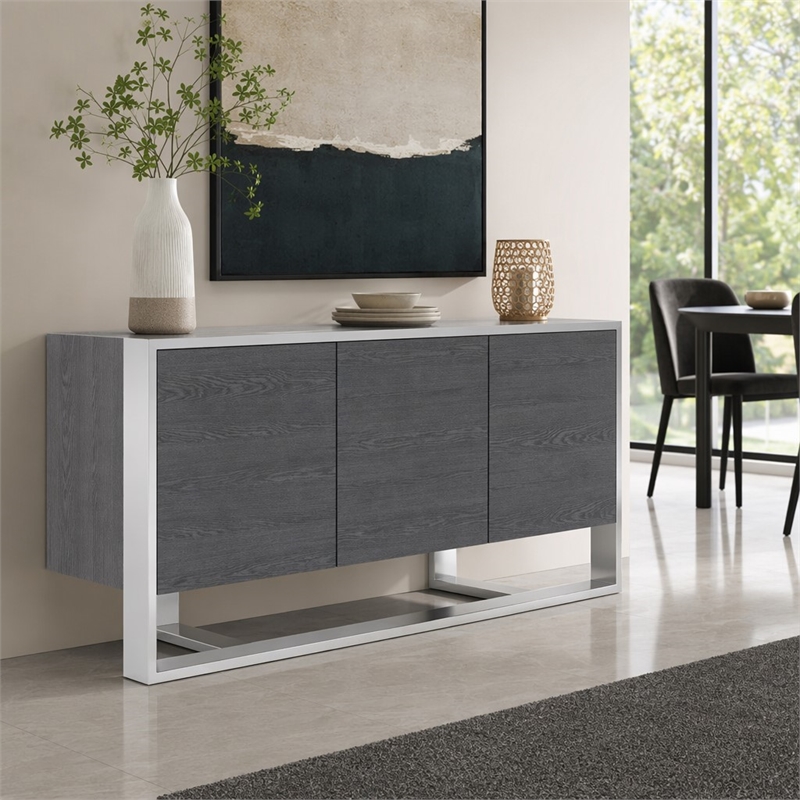Pemberly Row 3-Door Elm Gray Modern Buffet with Adjustable Shelves