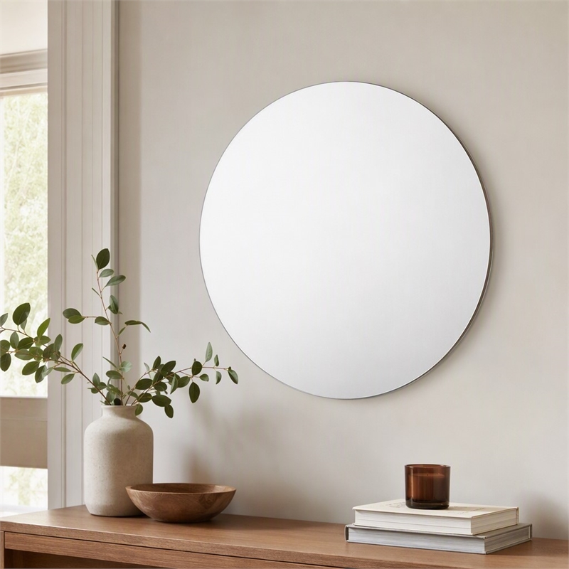 Pemberly Row 32 in Round Mid-Century Glass Mirror in Walnut/Clear
