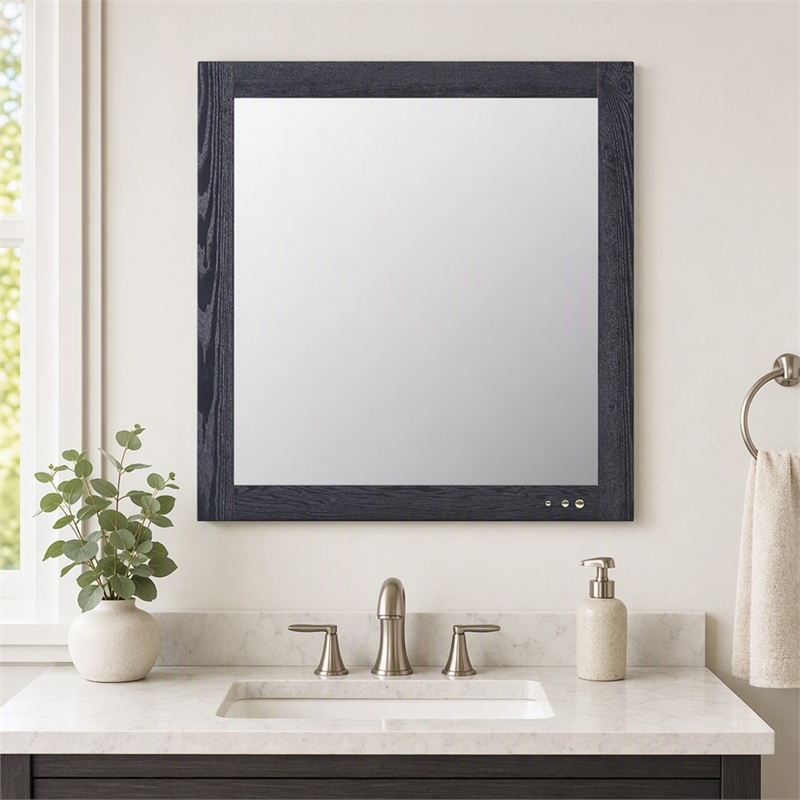 Pemberly Row Smoked Ash Veneer Modern Mirror with Brass Accents