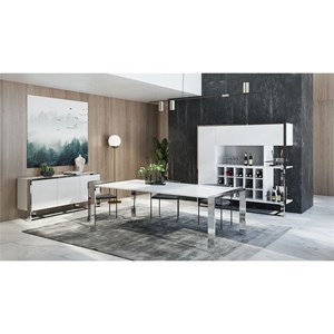 Pemberly Row Modern White High Gloss Dining Table with Chrome Legs