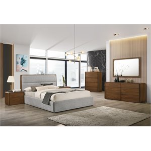 Pemberly Row Upholstered Wood Eastern King Bed in Walnut and Grey