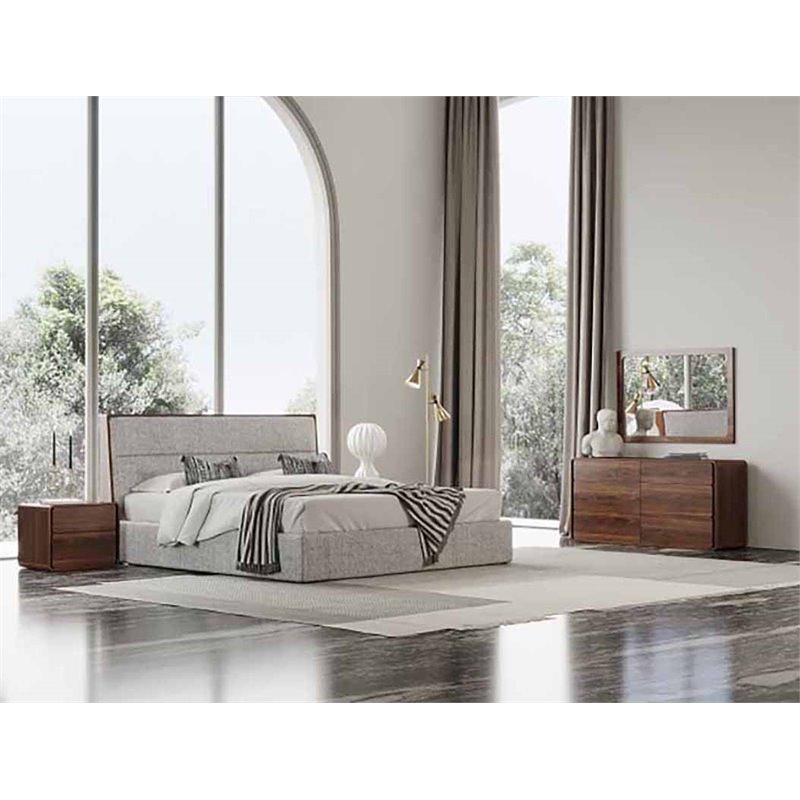 Pemberly Row Upholstered Wood Eastern King Bed in Walnut and Grey