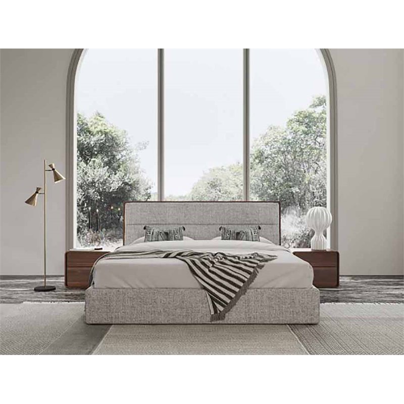 Pemberly Row Upholstered Wood Eastern King Bed in Walnut and Grey