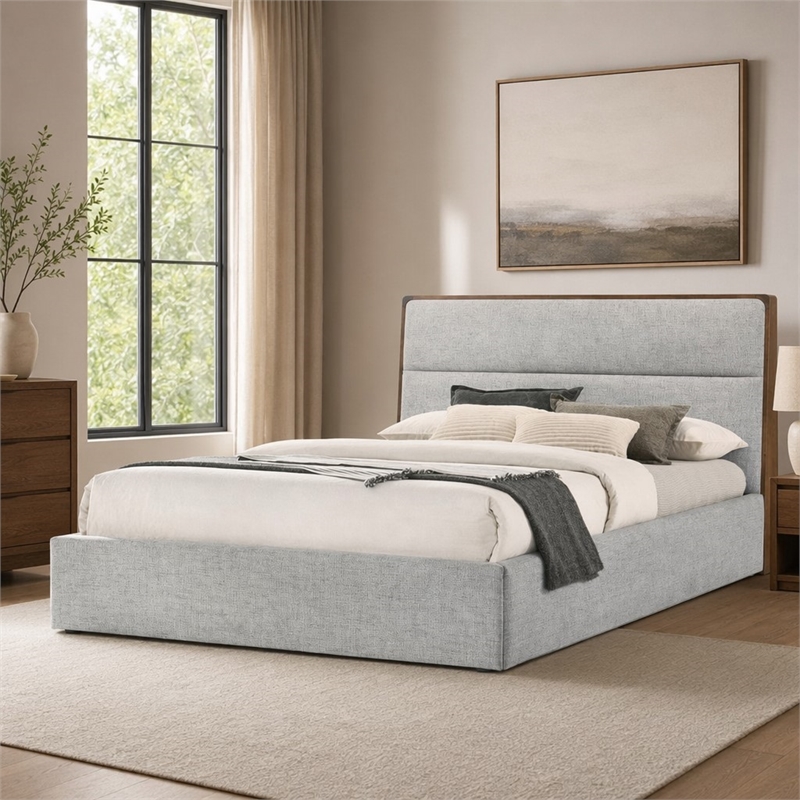 Pemberly Row Upholstered Wood Eastern King Bed in Walnut and Grey
