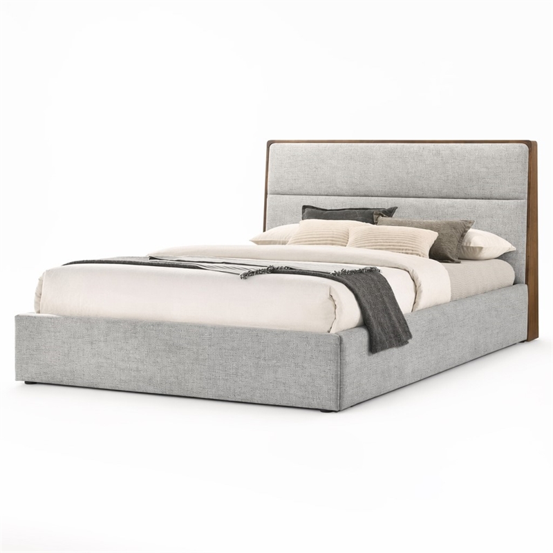 Pemberly Row Upholstered Wood Eastern King Bed in Walnut and Grey