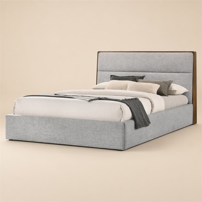 Pemberly Row Upholstered Wood Eastern King Bed in Walnut and Grey