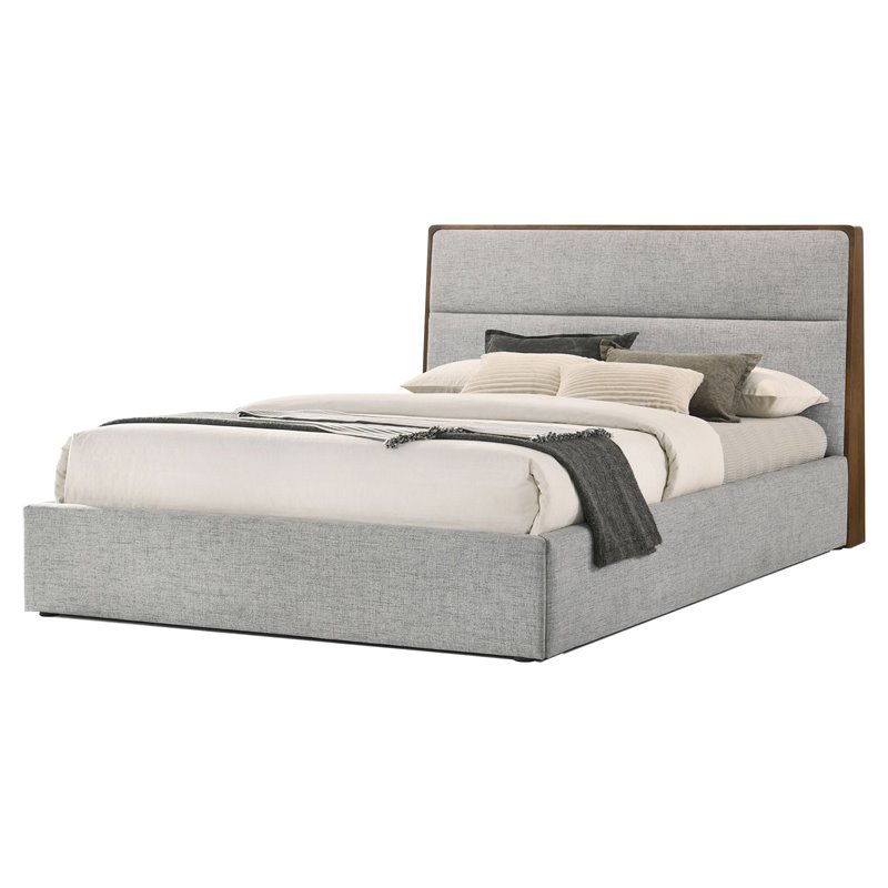 Pemberly Row Upholstered Wood Eastern King Bed in Walnut and Grey