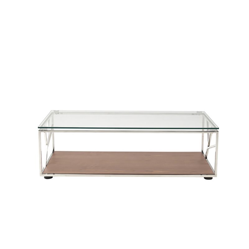 Pemberly Row Glass & Stainless Steel Coffee Table with Walnut Veneer Base