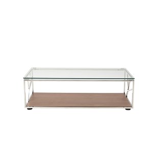 Pemberly Row Glass & Stainless Steel Coffee Table with Walnut Veneer Base