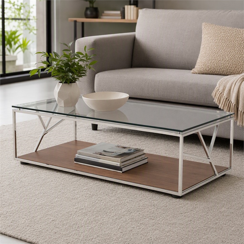 Pemberly Row Glass & Stainless Steel Coffee Table with Walnut Veneer Base