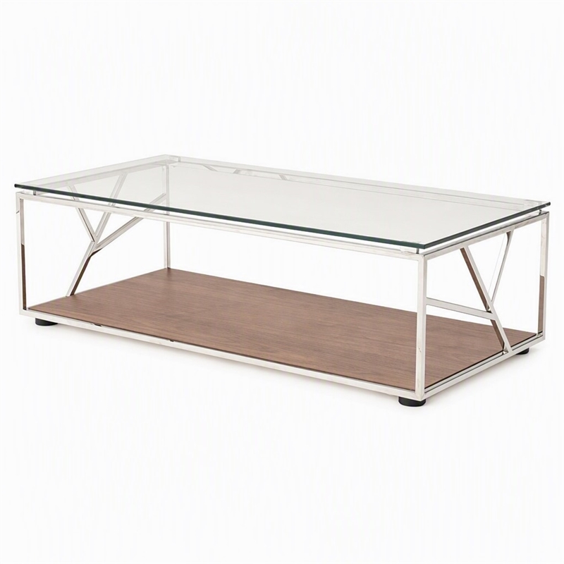 Pemberly Row Glass & Stainless Steel Coffee Table with Walnut Veneer Base