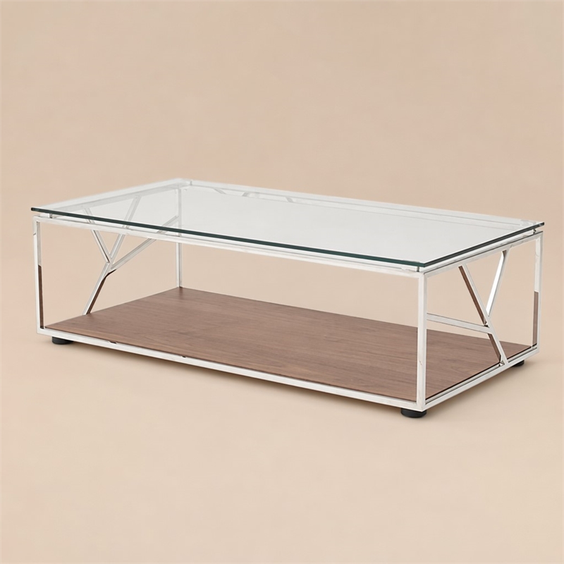 Pemberly Row Glass & Stainless Steel Coffee Table with Walnut Veneer Base