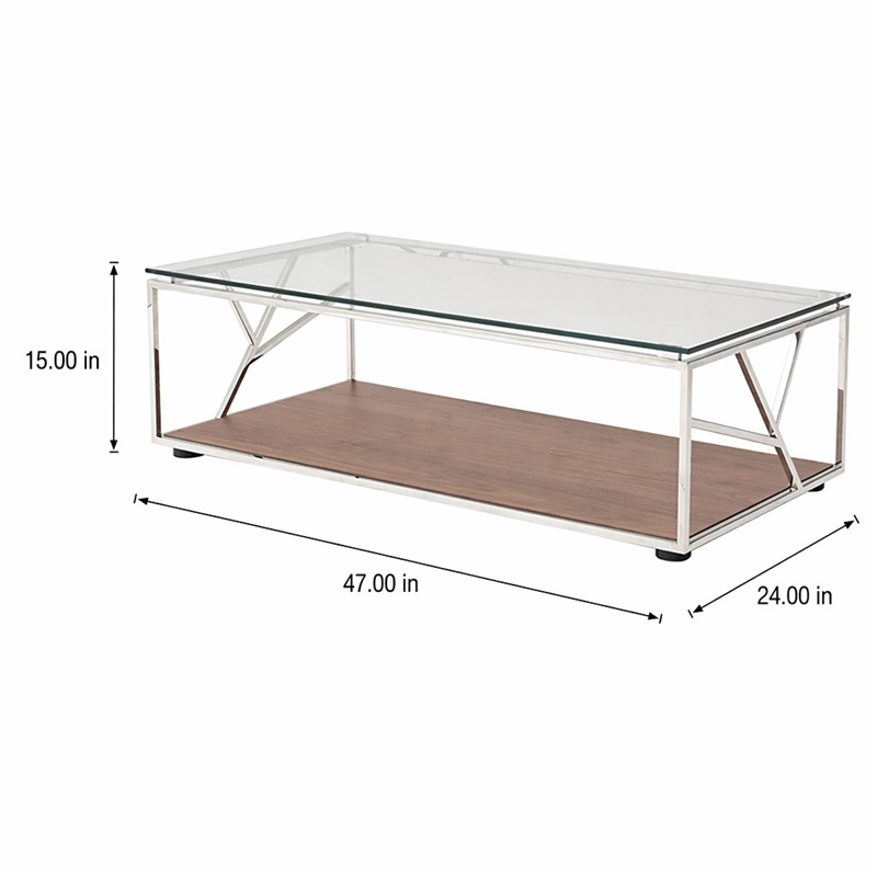 Pemberly Row Glass & Stainless Steel Coffee Table with Walnut Veneer Base