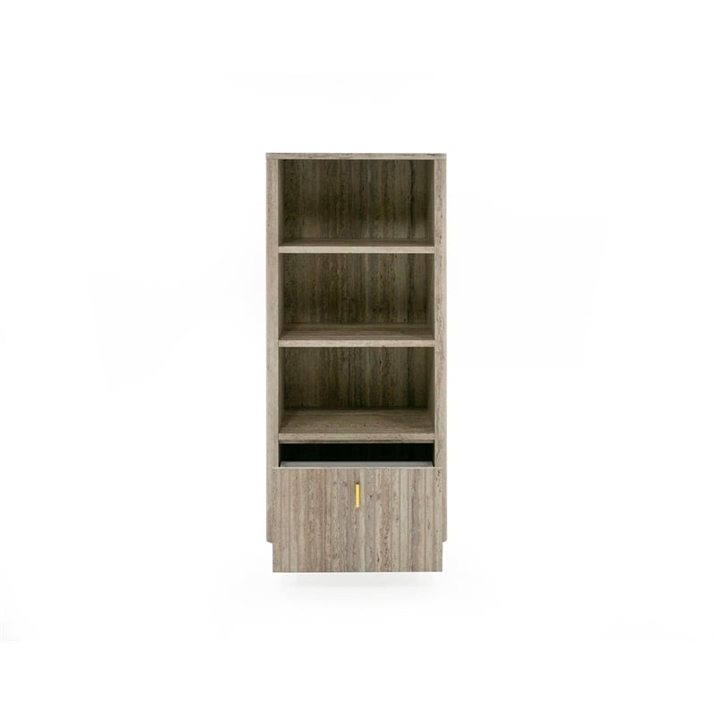 Pemberly Row Modern Travertine and Gold Vertical Bookcase with Drawer