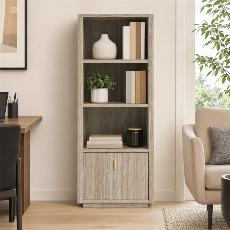 Pemberly Row Modern Travertine and Gold Vertical Bookcase with Drawer