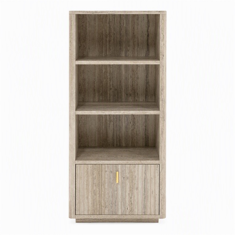 Pemberly Row Modern Travertine and Gold Vertical Bookcase with Drawer