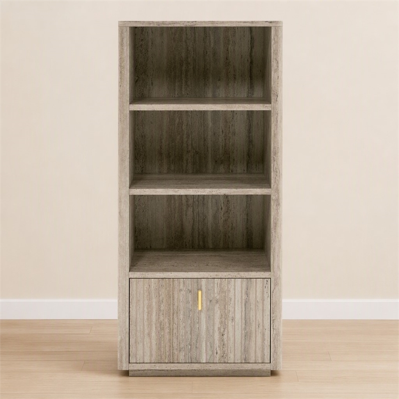 Pemberly Row Modern Travertine and Gold Vertical Bookcase with Drawer
