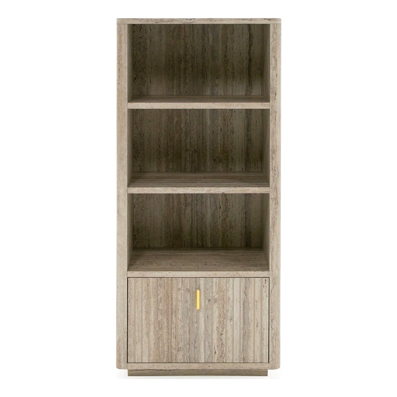 Pemberly Row Modern Travertine and Gold Vertical Bookcase with Drawer
