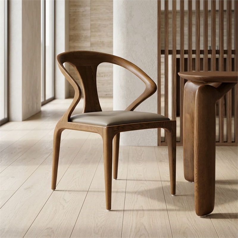Pemberly Row Solid Wood & Faux Leather Dining Chair in Walnut & Beige