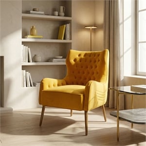 Pemberly Row Velvet Upholstered Accent Chair in Yellow with Gold Legs