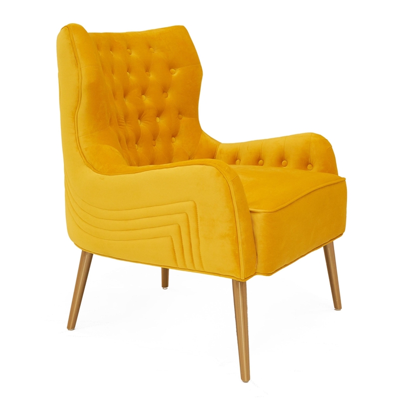 Pemberly Row Velvet Upholstered Accent Chair in Yellow with Gold Legs