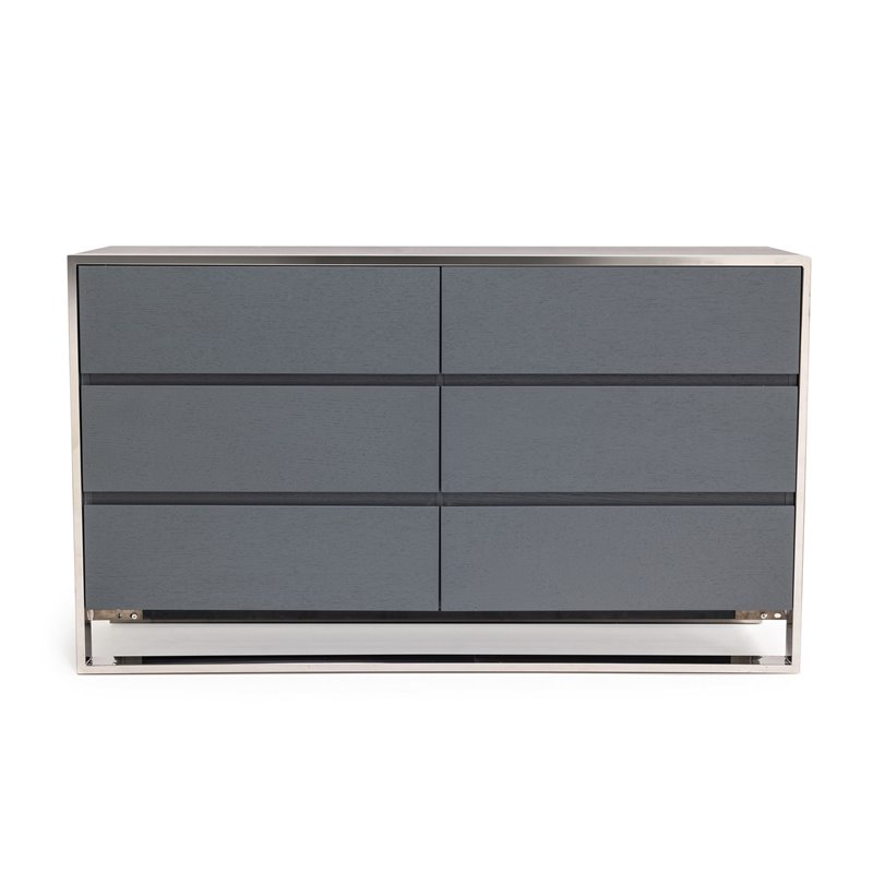Pemberly Row Modern 6-Drawer Dresser in Gray Oak Veneer and Stainless Steel