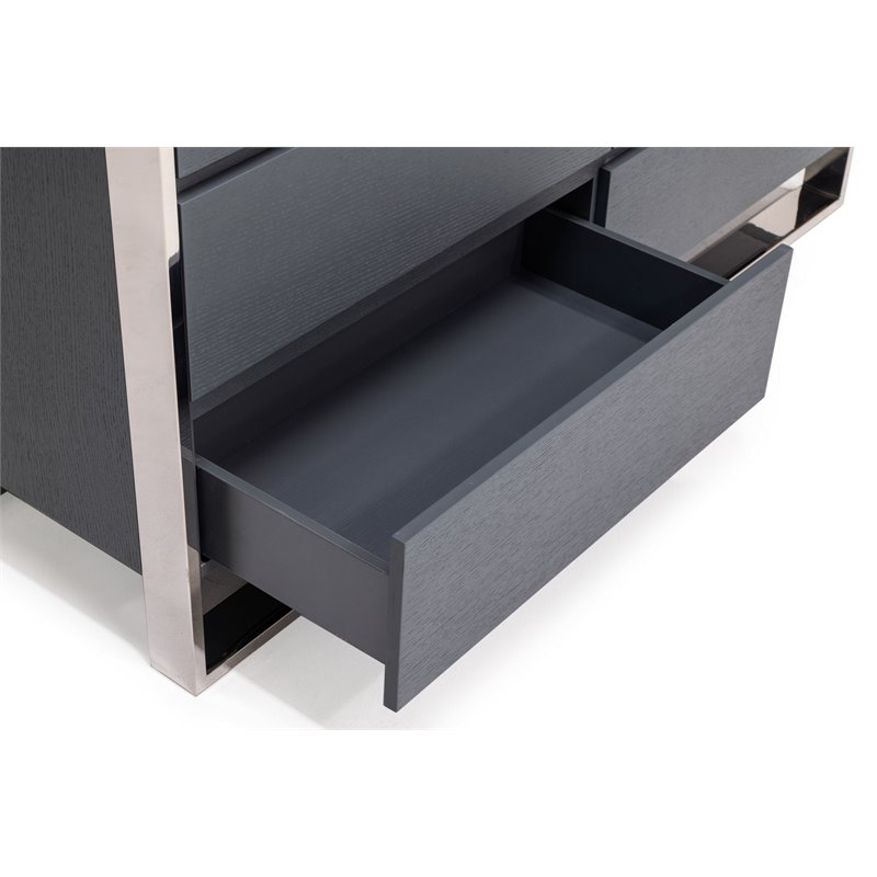 Pemberly Row Modern 6-Drawer Dresser in Gray Oak Veneer and Stainless Steel