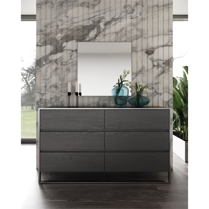 Pemberly Row Modern 6-Drawer Dresser in Gray Oak Veneer and Stainless Steel