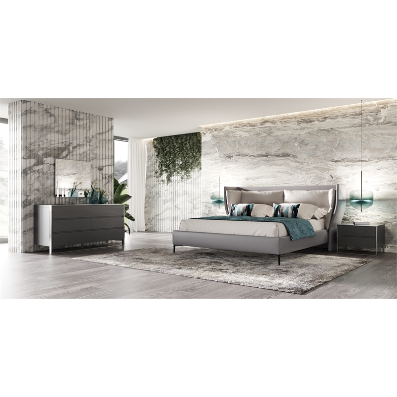 Pemberly Row Modern 6-Drawer Dresser in Gray Oak Veneer and Stainless Steel
