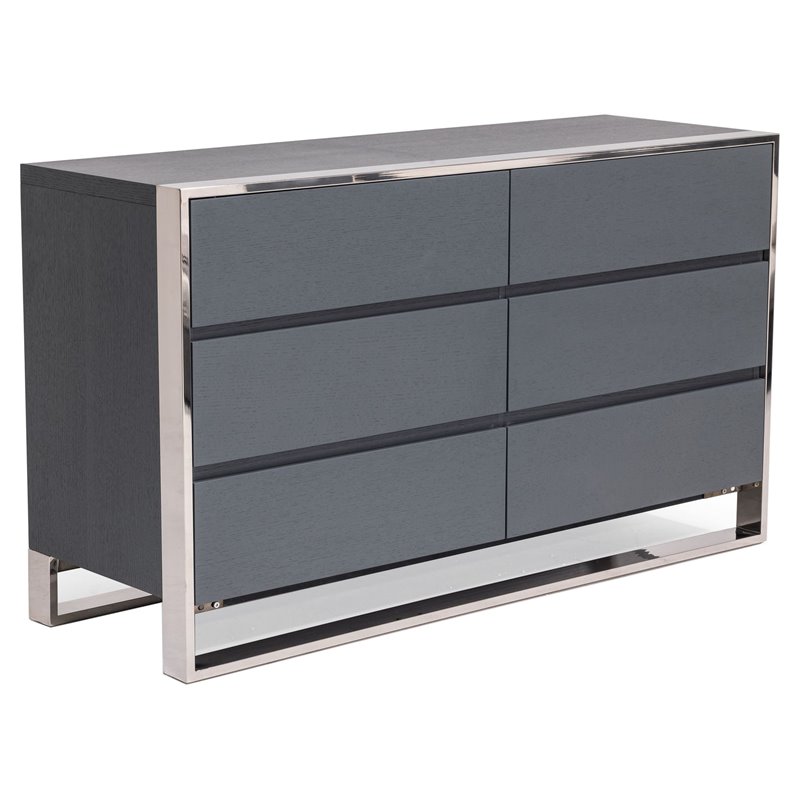 Pemberly Row Modern 6-Drawer Dresser in Gray Oak Veneer and Stainless Steel