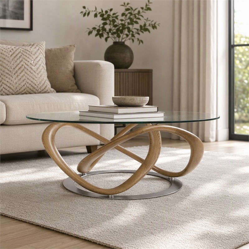Pemberly Row Modern Coffee Table with Glass Top and Walnut Base