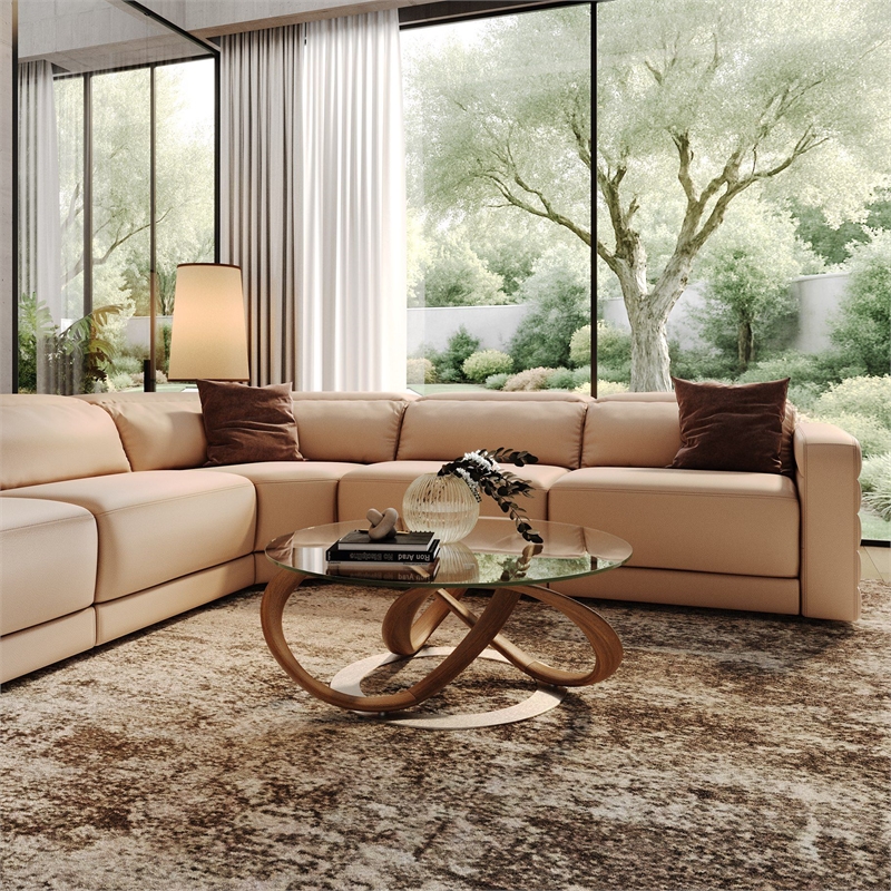 Pemberly Row Modern Coffee Table with Glass Top and Walnut Base