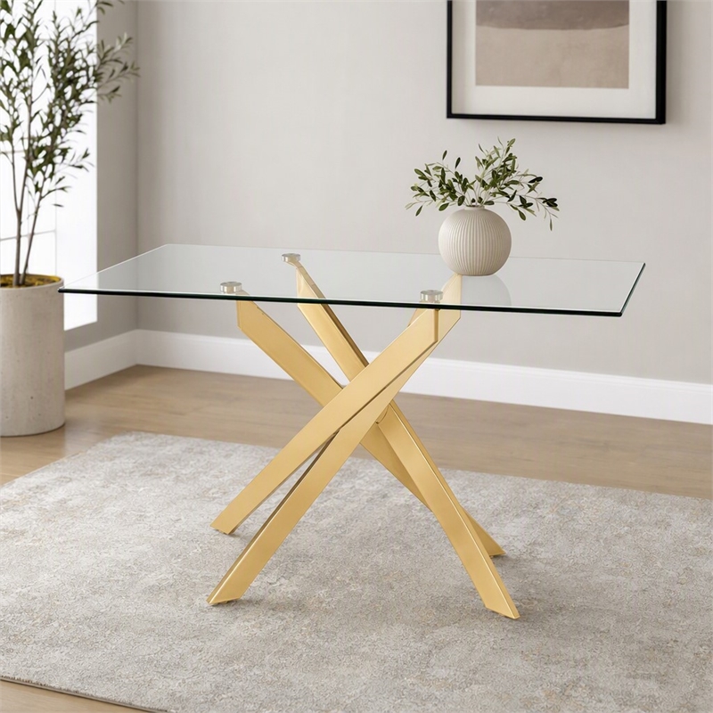 Pemberly Row Modern Glass Console Table with Gold Finish Stainless Steel Base