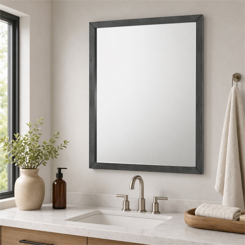 Pemberly Row Bryan Rectangular MDF and Glass Mirror in Wash Gray Clear
