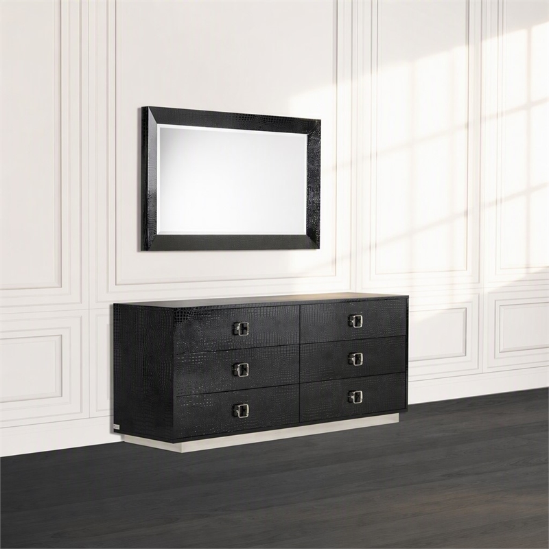 Pemberly Row 6-Drawer Modern Textured Dresser in Black Lacquer Finish