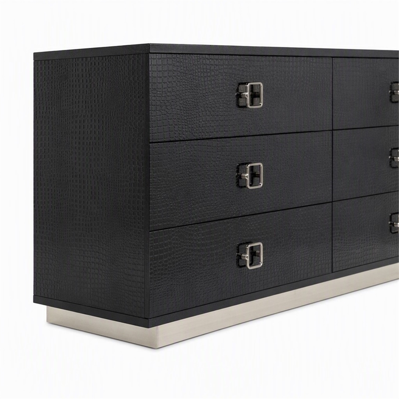 Pemberly Row 6-Drawer Modern Textured Dresser in Black Lacquer Finish