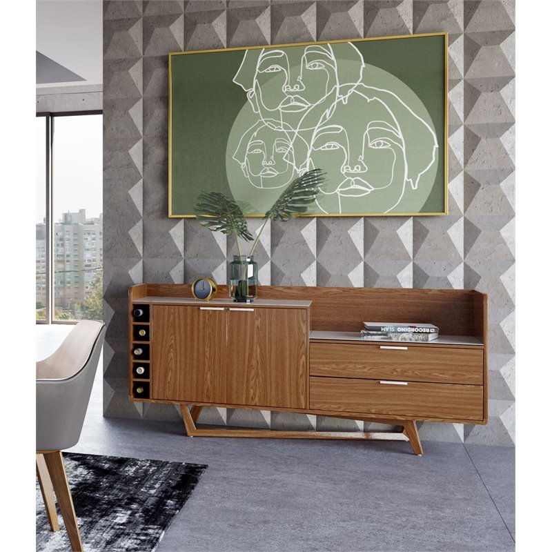 Pemberly Row Wood Veneer & Marble Buffet in Walnut and White