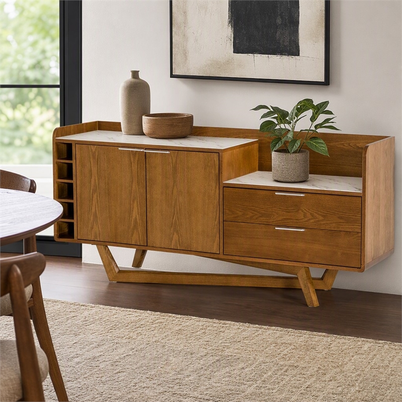 Pemberly Row Wood Veneer & Marble Buffet in Walnut and White
