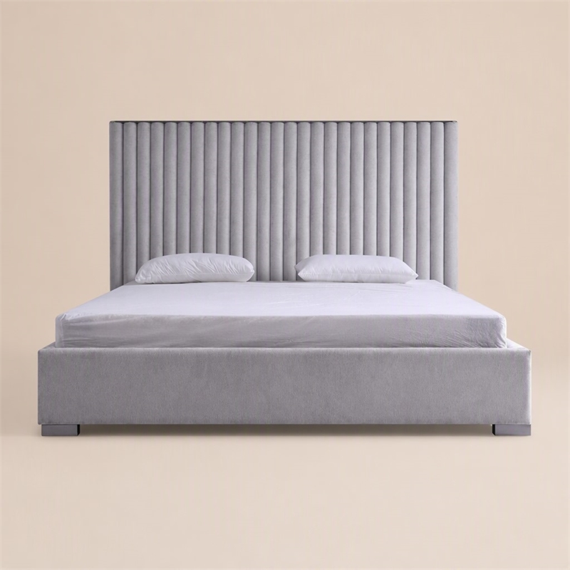 Pemberly Row Grey Linen Upholstered King Platform Bed with Square Legs