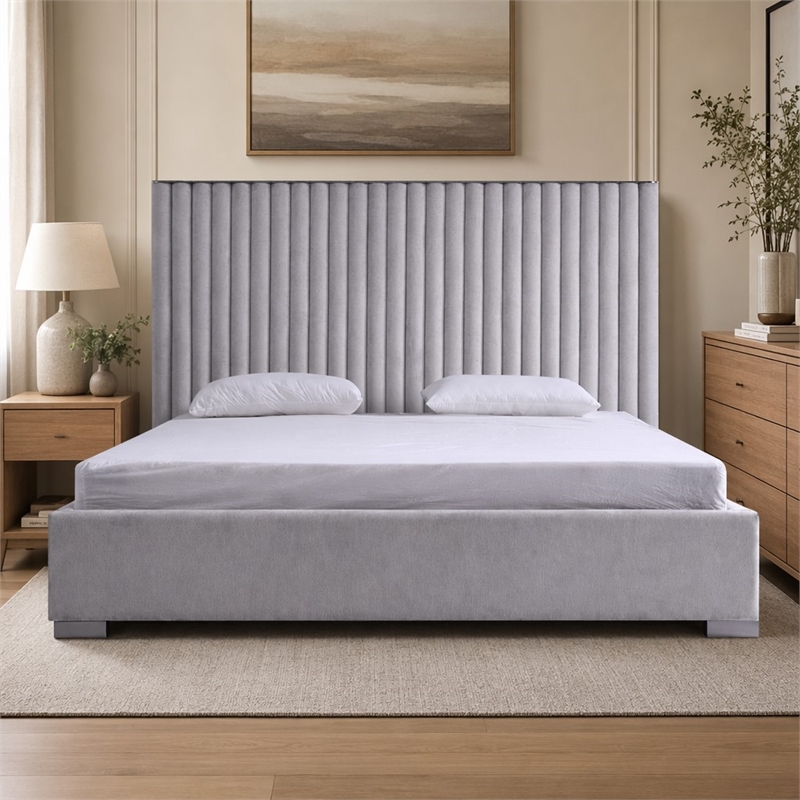 Pemberly Row Grey Linen Upholstered King Platform Bed with Square Legs