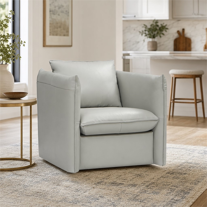 Pemberly Row Modern Leather Swivel Accent Chair with Metal Base in Gray