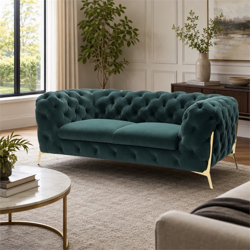 Pemberly Row Transitional Velour Loveseat with Tufting in Emerald Green