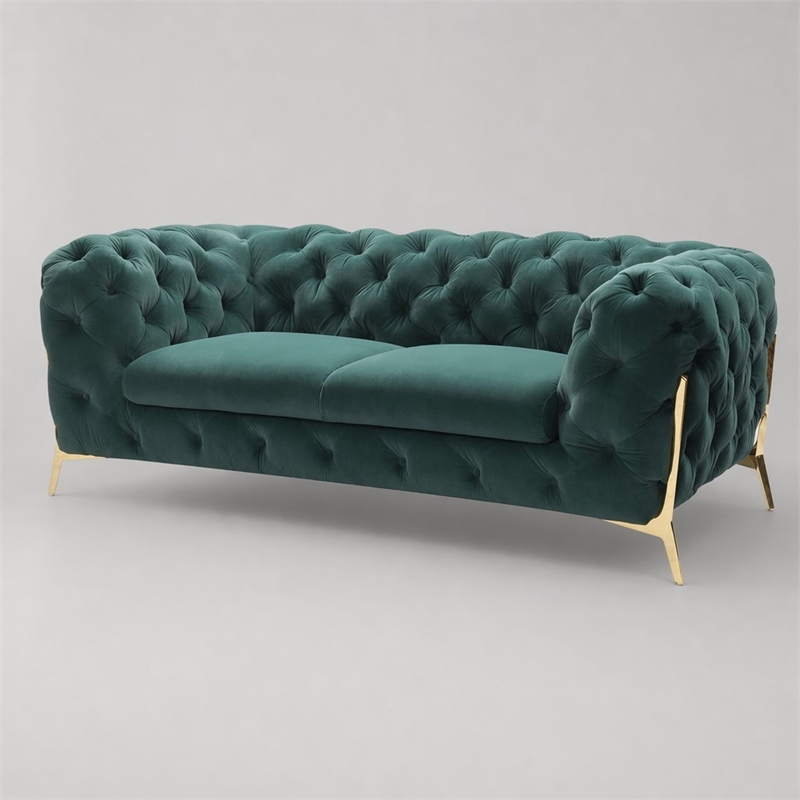 Pemberly Row Transitional Velour Loveseat with Tufting in Emerald Green