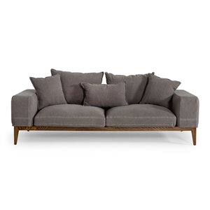 Pemberly Row Fabric & Solid Wood Sofa with Feather Cushions in Gray/Walnut