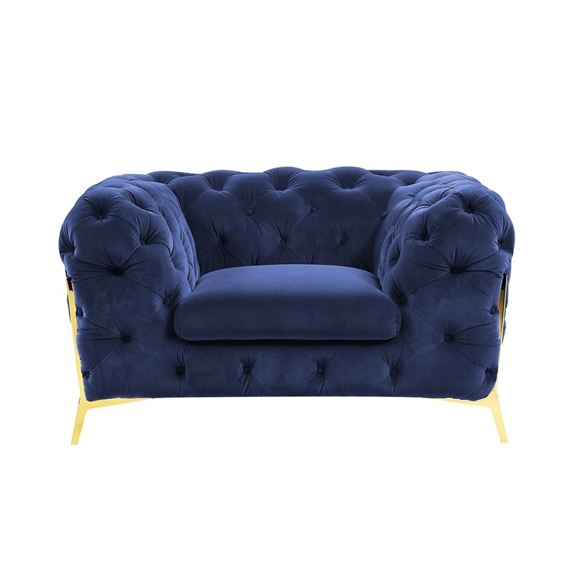 Pemberly Row Transitional Velvet Accent Chair in Blue with Gold Legs