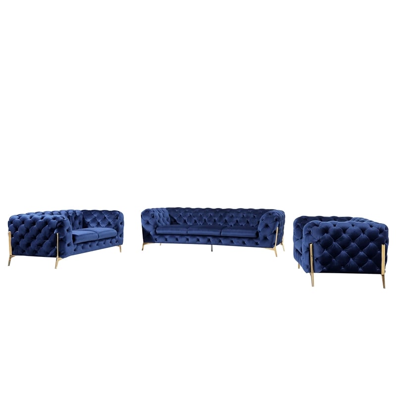 Pemberly Row Transitional Velvet Accent Chair in Blue with Gold Legs