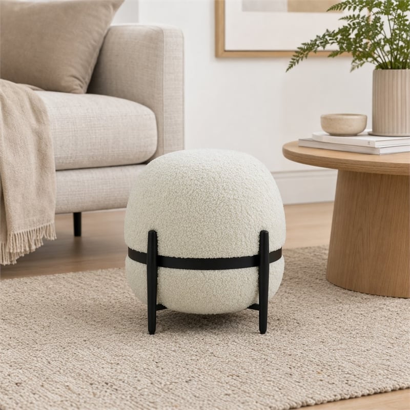 Pemberly Row Contemporary Sherpa Fabric Ottoman in White and Black