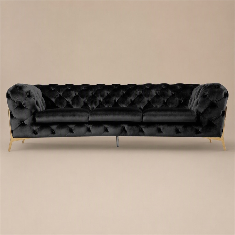 Pemberly Row Transitional Velvet Sofa with Gold Metal Legs in Black