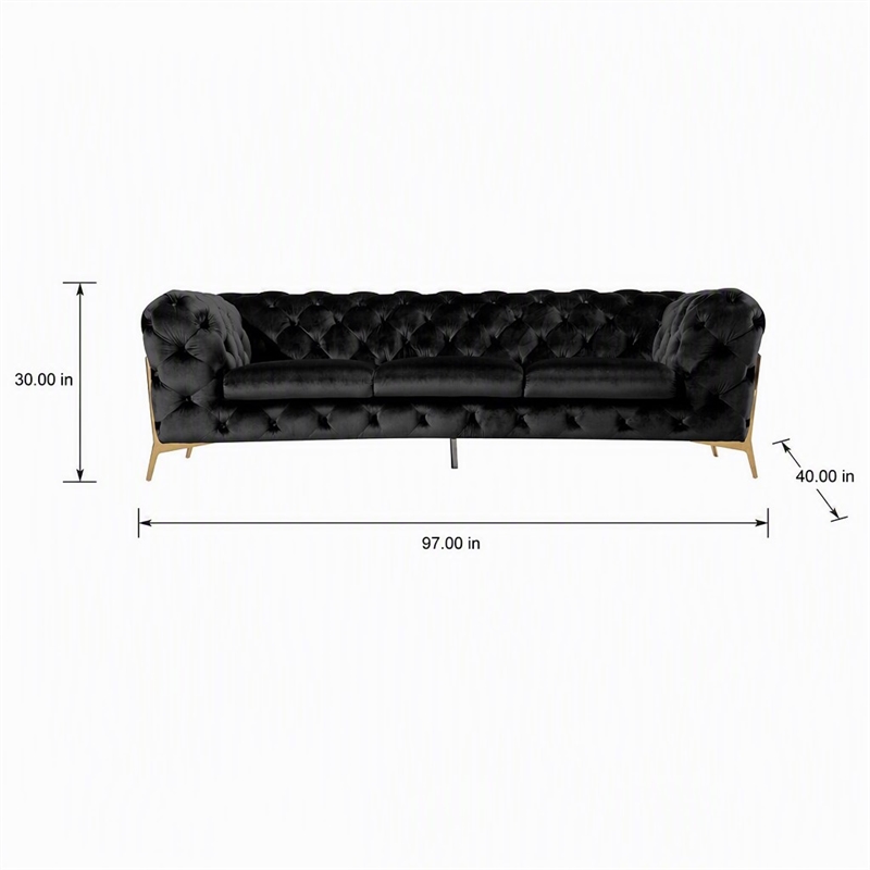 Pemberly Row Transitional Velvet Sofa with Gold Metal Legs in Black